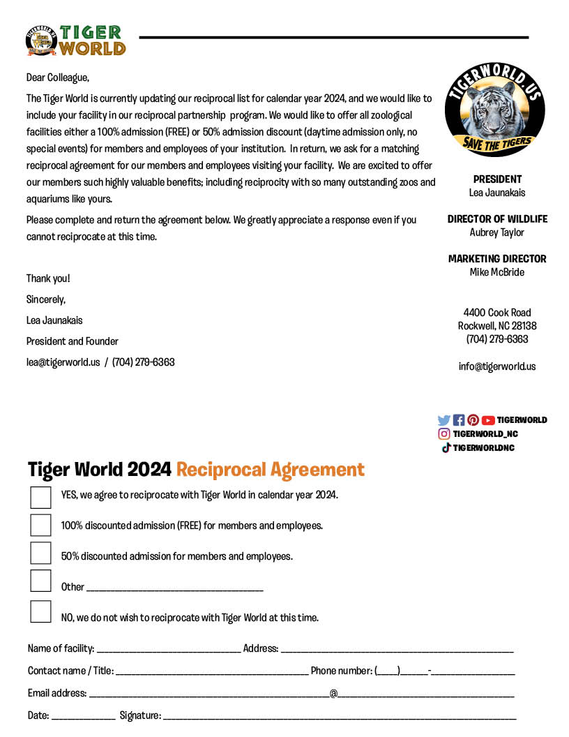 Tiger World Reciptical agreement